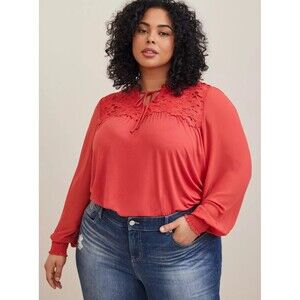Torrid 2 Super Soft Chiffon Sleeve Lace Inset Tie Detail Top Coral Pink
